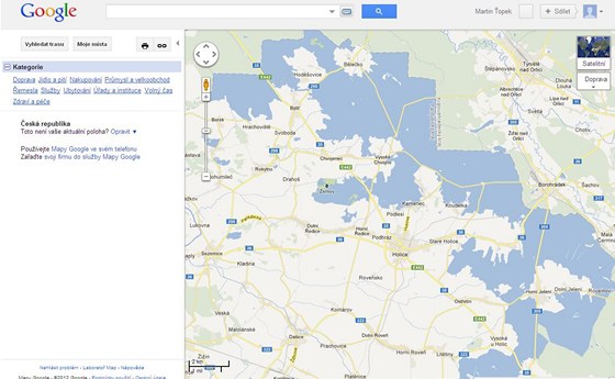 Na mapách Google se objevilo velké jezero u Holic.