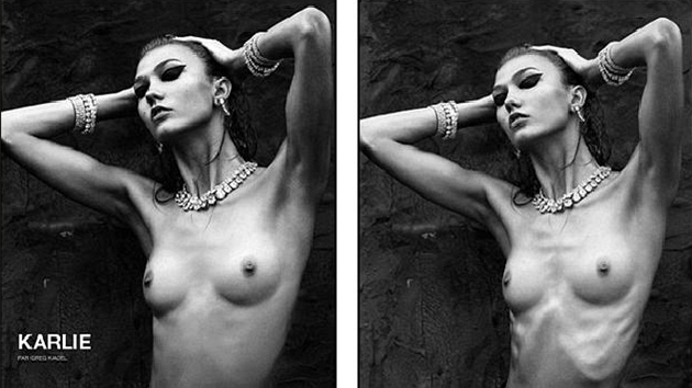 Modelka Karlie Klossov v magaznu Numro m vyretuovan ebra (jen 2012).