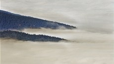 Tak vypadá inverzní oblanost na Pancíi. Vrcholky umavských hor jsou ozáeny sluncem, ale pod píkrovem mrak je zataeno a mlhavo.