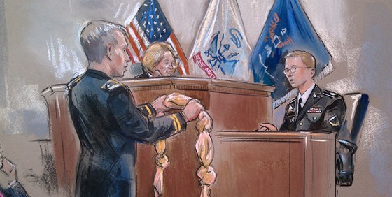 Americký vojín Bradley Manning u soudu na základn Fort Meade. Právník mu...