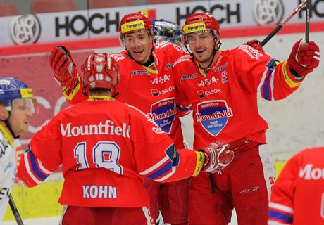 Hokejisté eských Budjovic se radují ze vstelené branky.