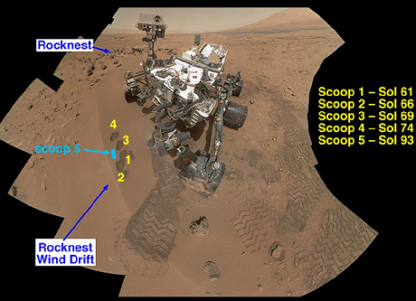 Curiosity na svm mst v Galov krteru, ped n jsou pozstatky jej prce. 