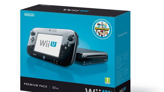 Černé balení konzole Wii U s úložným prostorem 32 GB a hrou Nintendoland. 