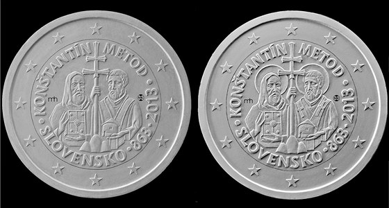 Slovenská pamtní dvoueurová mince s Cyrilem a Metodjem. Vpravo návrh se