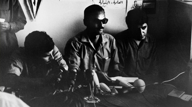 Členové Lidové fronty pro osvobození Palestiny na tiskové konferenci poté, co její aktivisté unesli v září 1970 čtyři letadla.