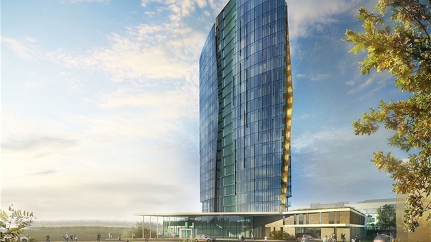 Vizualizace budoucí podoby nové výškové budovy, která má vyrůst v areálu nově vznikající olomoucké čtvrtě Šantovka. Na výšku má měřit 75 metrů.