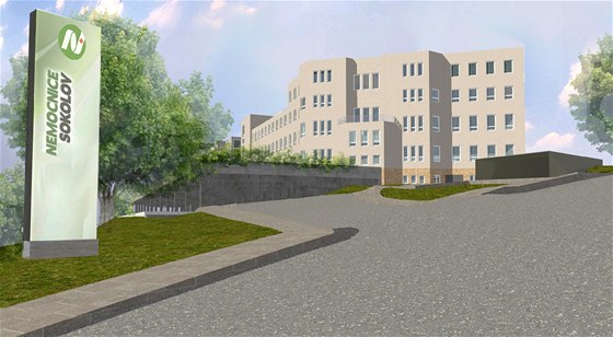 Vizualizace stavby parkovacího domu u sokolovské nemocnice. Perspektivní pohled
