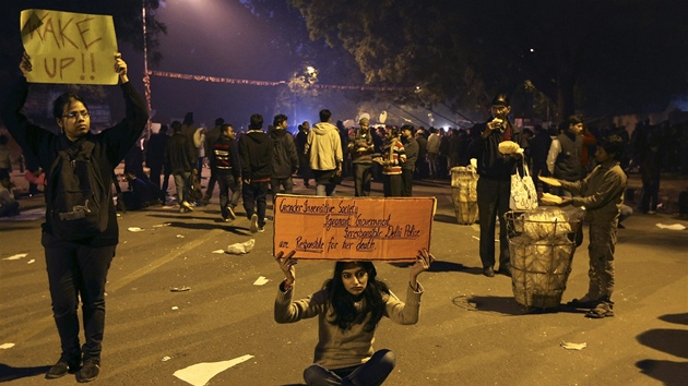 "Probute se!" stoj na jednom z protestnch plakt. Otesn ppad znsilnn mlad eny v Indii rozdmchal debatu kolem nsil na ench. (29. prosince 2012)