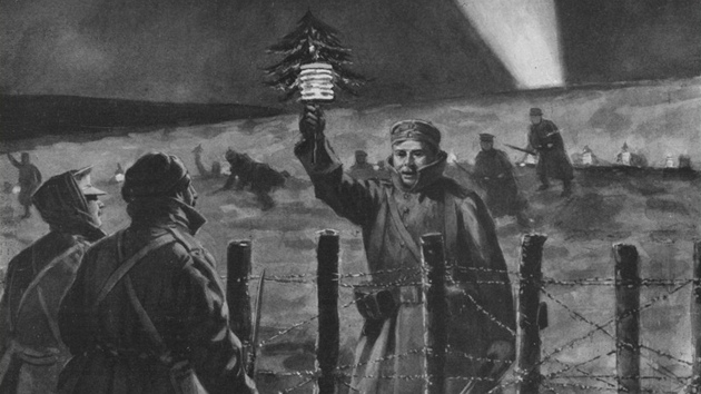 Zastřelí mě, nebo nezastřelí? Obrázek v The Illustrated London News zachycuje spontánní začátek příměří: německý voják přichází k zákopům britské armády s vánočním stromečkem.