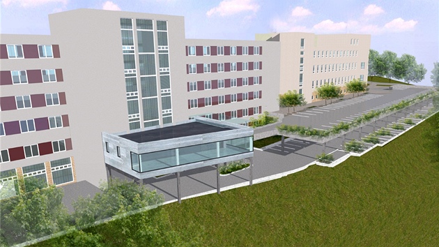 Vizualizace stavby parkovacho domu u sokolovsk nemocnice. Pohled na severovchodn st.