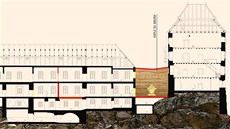 Schéma (ez) umístní kaple sv. Maura v areálu Státního hradu a zámku v Beov...