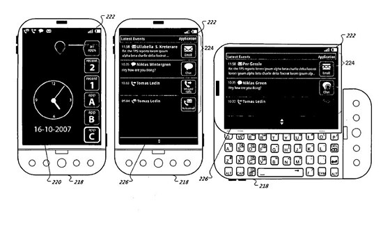 Jeden z nákres patentu notifikaního centra podaného spoleností Google v roce 2009. Ilustraním zaízením se stal první Android telefon T-Mobile G1 (HTC Dream).
