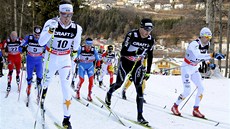 ELO ZÁVODU. Závodníci na trati závodu na 15 km klasicky s hromadným startem ve