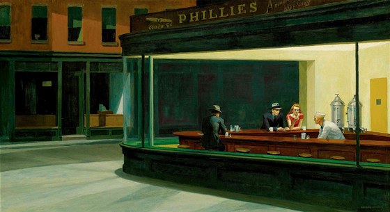 Asi nejznámjí obraz Edwarda Hoppera Nighthawks (z roku 1942). 