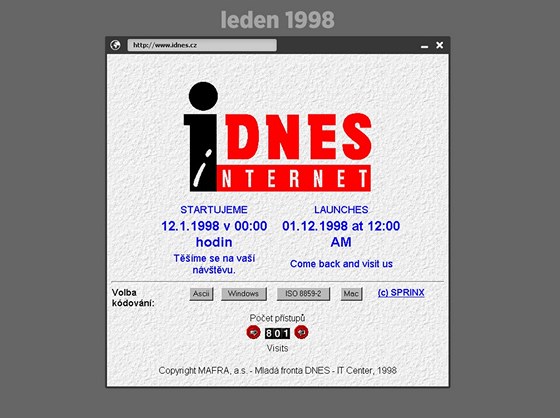 Předstartovní stránka iDNES.cz z ledna 1998