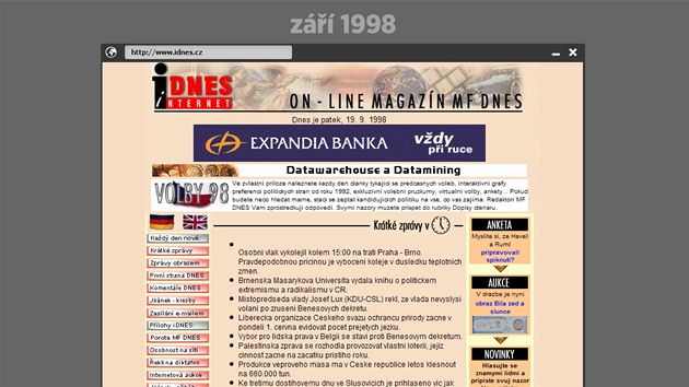Stránka iDNES.cz v září 1998, prvním útvarem na stránce jsou Krátké zprávy v pět hodin. Ano, tehdy se ještě články nepublikovaly kontinuálně...