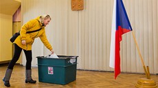 Lidé jdou k prezidentským volbám ve Včicích na Trutnovsku, kde měl chalupu...