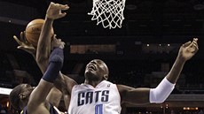 Bismack Biyombo (vlevo) z Charlotte, faulovaný Royem Hibbertem z Indiany.