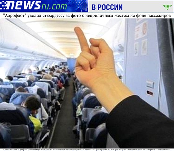 Za snímek se vztyeným prstem dostala letuka Aeroflotu výpov.