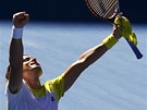 ÚLEVA. panlský tenista David Ferrer po skoro tyech hodinách postoupil do