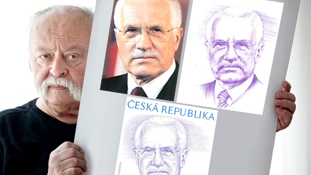Pedlohou pro znmku s prezidentem Klausem byla pro grafika Oldicha Kulhnka oficiln fotografie (vlevo nahoe) . Z n Kulhnek nakreslil portrt (vpravo nahoe). Grafik ho pak pekreslil do jednotlivch lini (dole), kter se pak vyrvaj do ocelov desky.