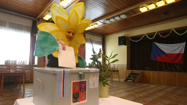 Jaroslava Kubalová v masce květiny vhodila svůj volební hlas do urny. 