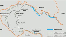 Schéma prvorepublikového opevnění na území dnešní České republiky