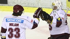 Spar�anský gólman Marcel Melicher�ík a obránce Troy Milam se radují z výhry.