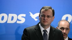 Pedseda ODS Petr Neas a místopedseda strany Martin Kuba na tiskové