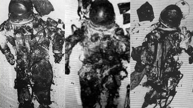 Oficiln nepotvrzen fotografie dajnch skafandr len posdky Apollo AS-204. Zleva: Roger Chaffee, Ed White a Gus Grissom.