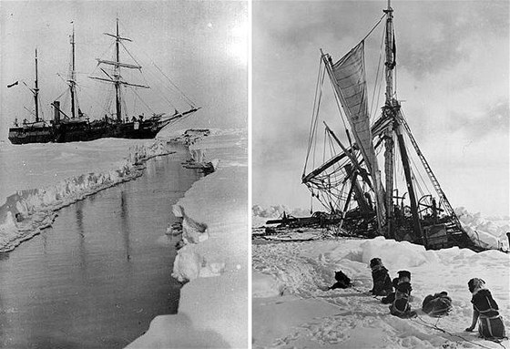 Dvojsnímek Shackletonovy lod Endurance: vlevo plavidlo uvznné v ledu (14....