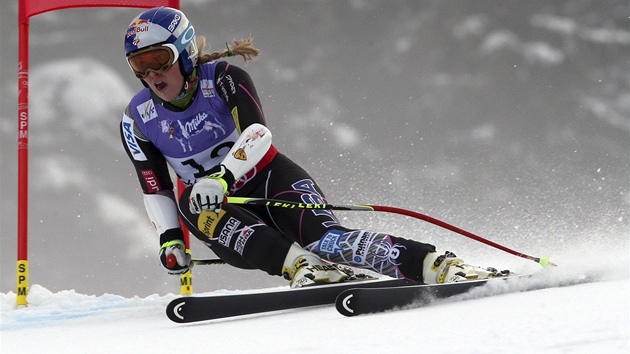 Lindsey Vonnov na trati Superobho slalomu na MS v rakouskm Schladmingu.