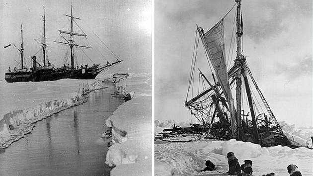 Dvojsnmek Shackletonovy lod Endurance: vlevo plavidlo uvznn v ledu (14. jna 1915), vpravo jeden z poslednch snmk potpjc se Endurance (1. listopadu). Zbry podil fotograf Shackletonovy vpravy Frank Hurley