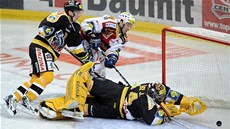 Zden�k Sko�epa (uprost�ed) ze Slavie st�ílí gól branká�i Litvínova Jaroslavu