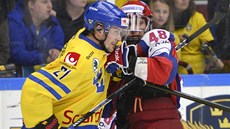 PŘETLAČOVANÁ. Švéd Jimmie Ericsson (vlevo) svádí souboj s ruským hokejistou