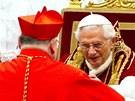eský arcibiskup Dominik Duka (zády) se pi papeské konzistoi stal...