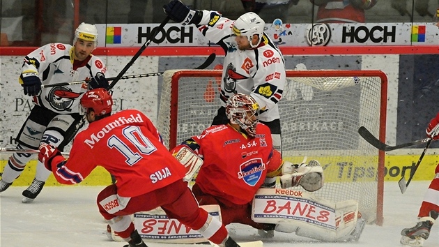 Budjovick brank Jakub Kov el zvaru, kter vytvoili hokejist Chomutova.