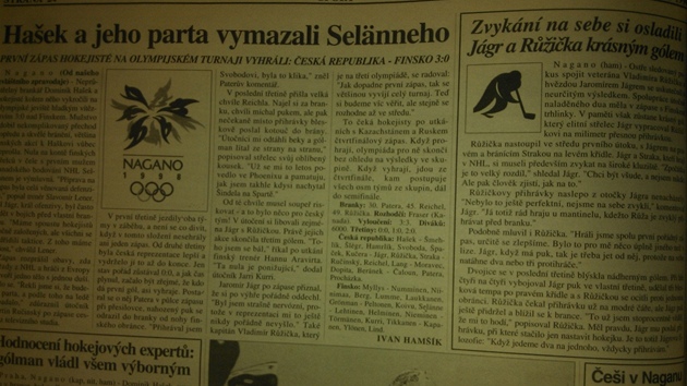 MF DNES V NAGANU. Tak vypadaly stránky sportu v MF DNES v únoru 1998.