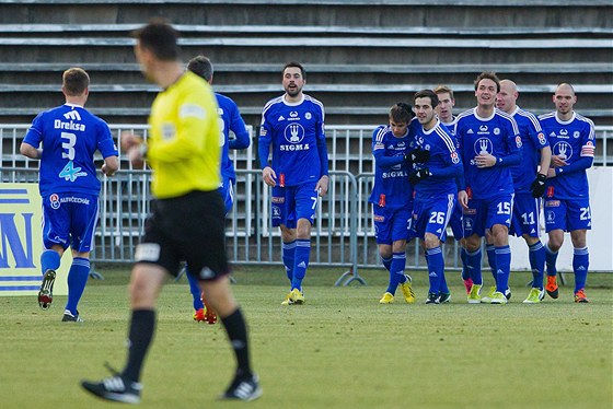 GRATULACE. Olomoutí fotbalisté v Hradci Králové dvakrát s Janem Navrátilem