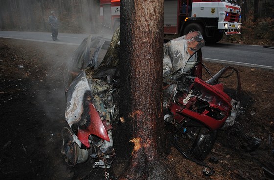 Vozidlo skonilo v plamenech, ena s díttem u Pibylova náraz do stromu