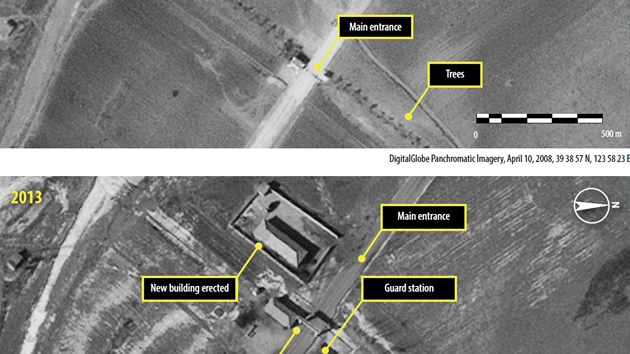 Satelitn fotografie severokorejskho koncentrku v dol choma-Pong v letech 2008 a 2011 (pro srovnn fotografii rozkliknte)