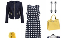 Kostkované šaty, Tara Jarmon, prodává Dušní3; sako se zipy, Lindex; žlutá