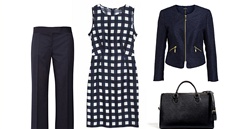 Kostkované šaty, Tara Jarmon, prodává Dušní3; tmavě modré sako se zipy, Lindex;