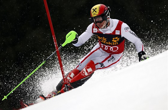 Marcel Hirscher pi slalomu, který hostila Kranjska Gora. 
