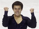 Patrick Chan se raduje ze svého výkonu v krátkém programu na mistrovství svta