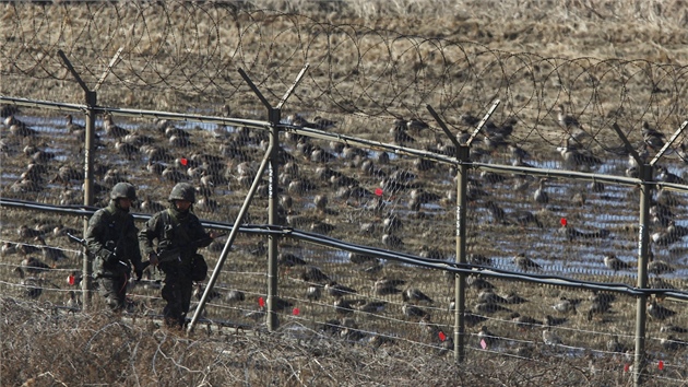 Jihokorejt vojci kr kolem demilitarizovanho psma, kter od vlky oddluje ob Koreje. (11. bezna 2013)