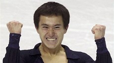 Patrick Chan se raduje ze svého výkonu v krátkém programu na mistrovství svta