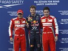KVALIFIKACE. Ve Velké cen Malajsie byl nejlepí Sebastian Vettel (uprosted).