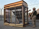 Iráan umístný na venkovní samotku ve vznici Abú Ghrajb (22. ervna 2004)