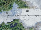 Vizualizace tání ledovce Sermeq Kujalleq u Ilulissatu na západním pobeí...
